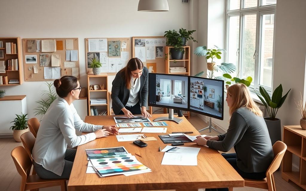 Apppro designers reviewing fabric swatches and 3D renders around a studio table