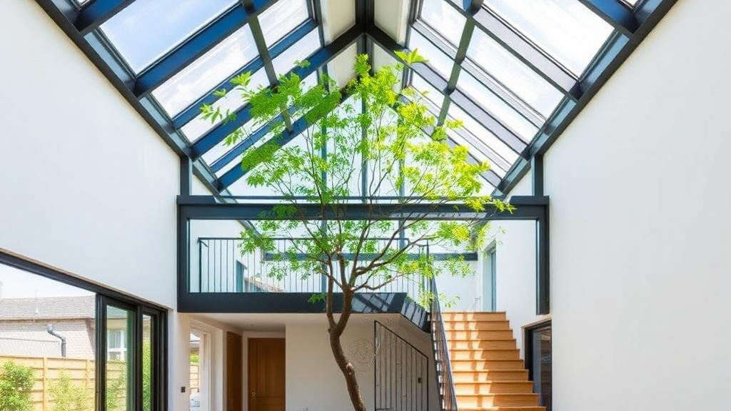 Double-height glass atrium extension with indoor tree and timber staircase