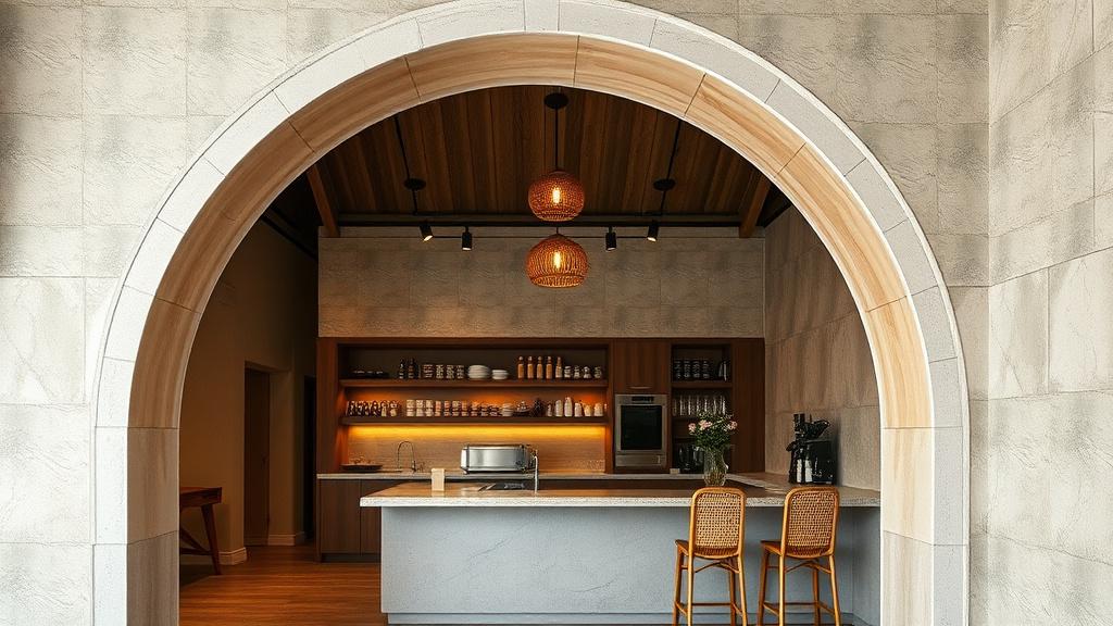 Specialty coffee bar with arched timber portal and lime-wash walls