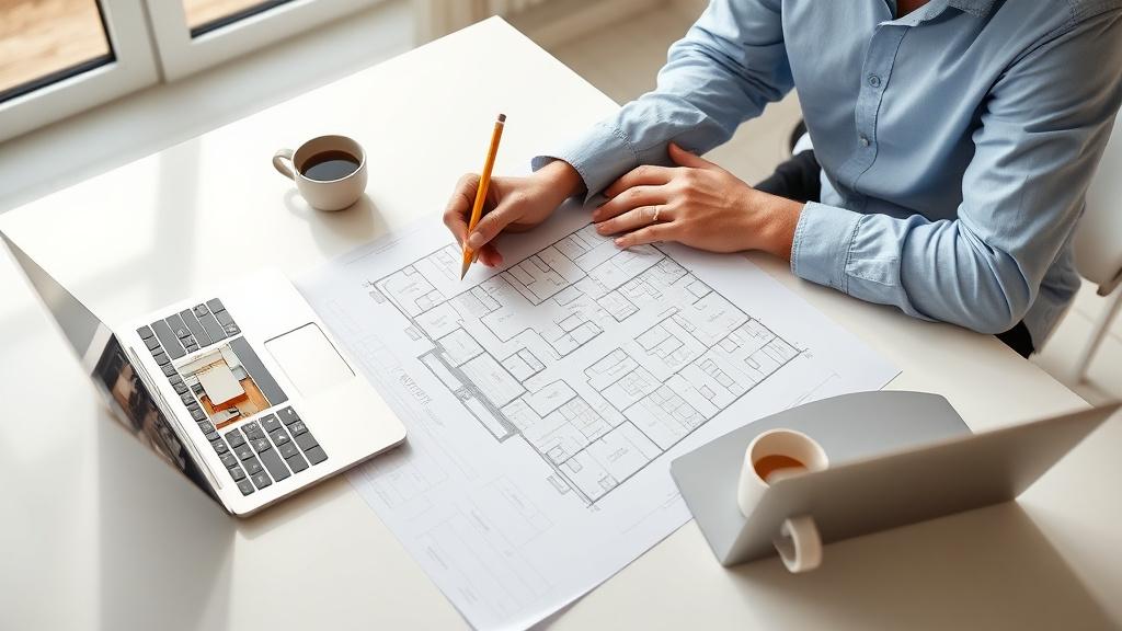 Architect and homeowner reviewing floor plans and material samples