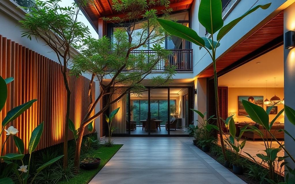 Tropical courtyard home with internal garden and timber screens at dusk