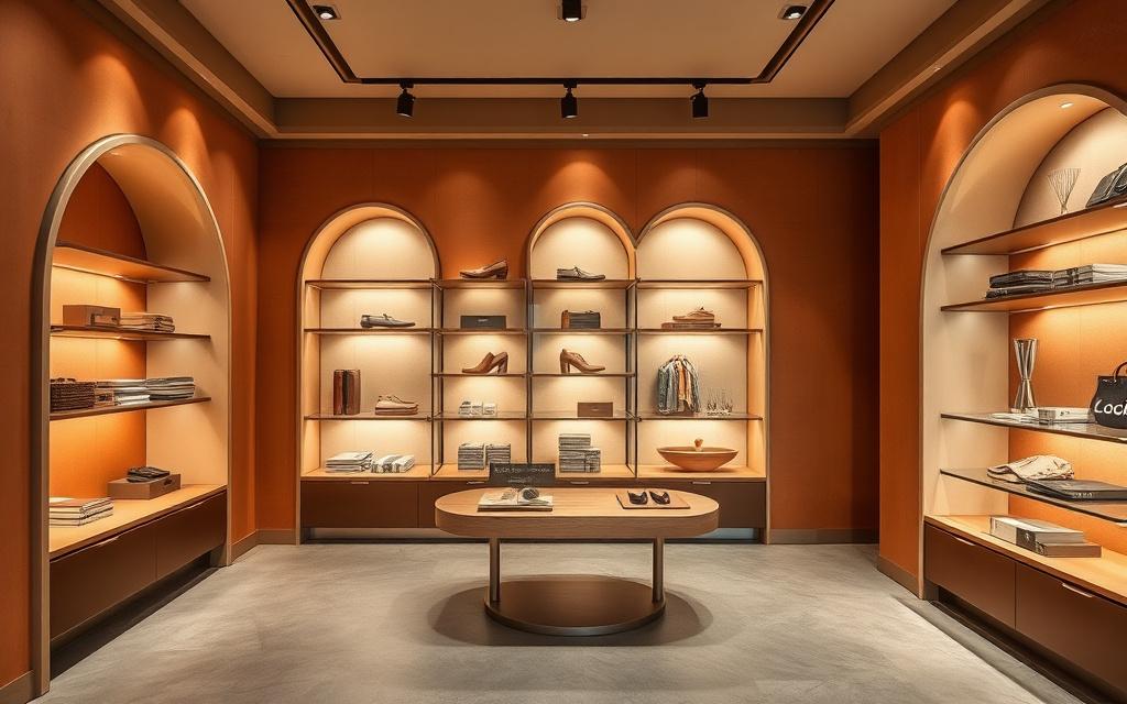 Boutique retail interior with curved plaster niches and warm spot lighting