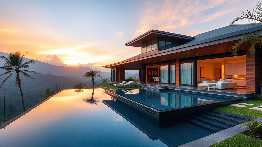 Modern tropical bungalow with infinity pool at golden hour