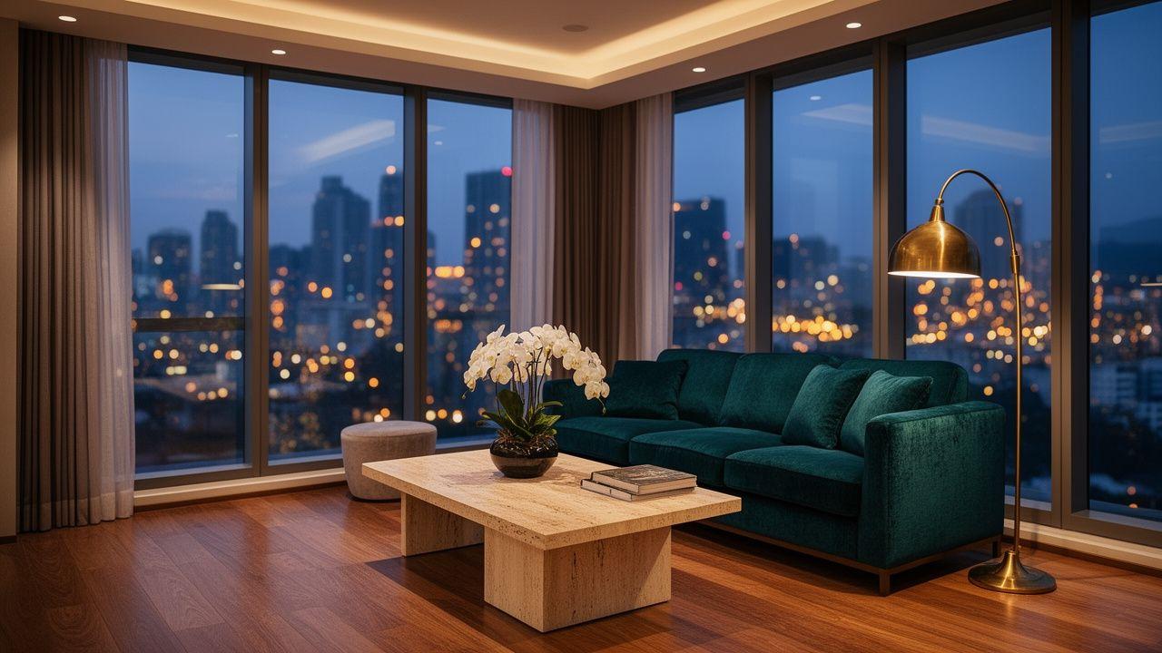 Luxurious penthouse living room overlooking the Kuala Lumpur skyline at dusk