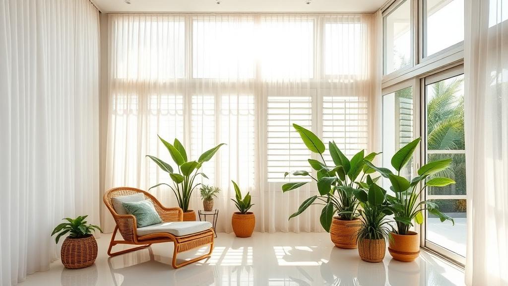 Sun-drenched tropical living room with sheer curtains and rattan chair