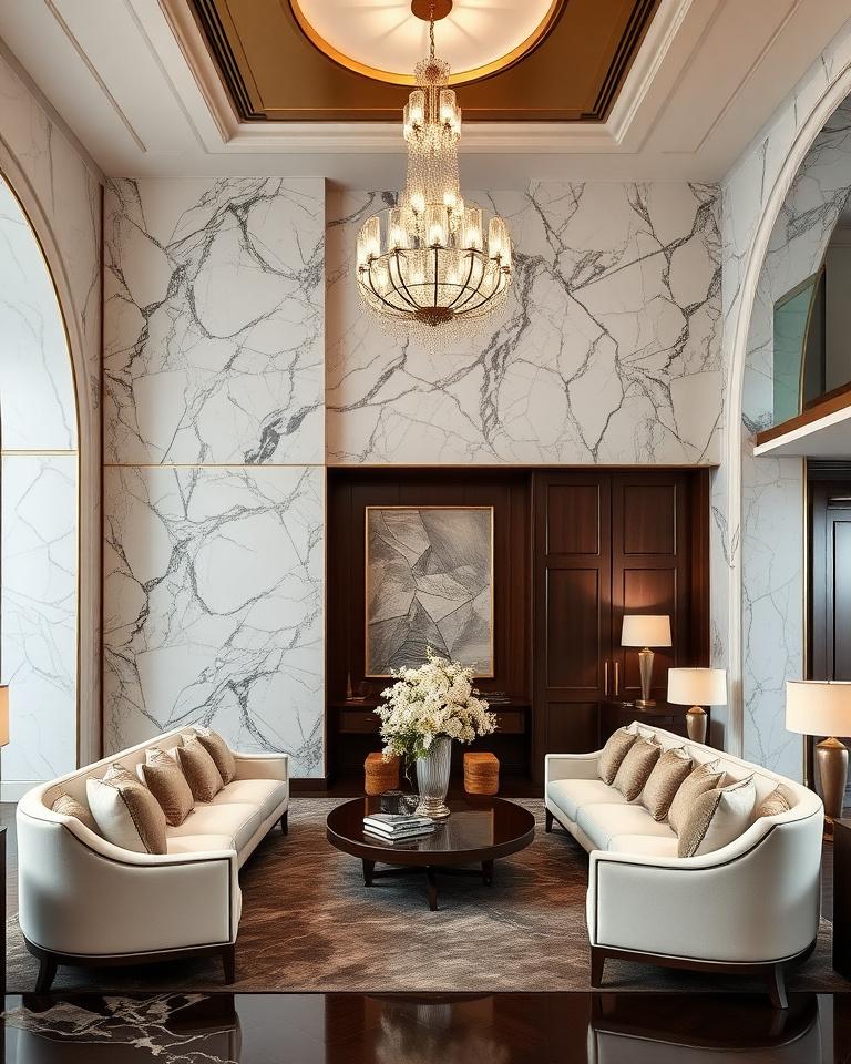 Opulent marble-clad formal lounge with champagne gold accents