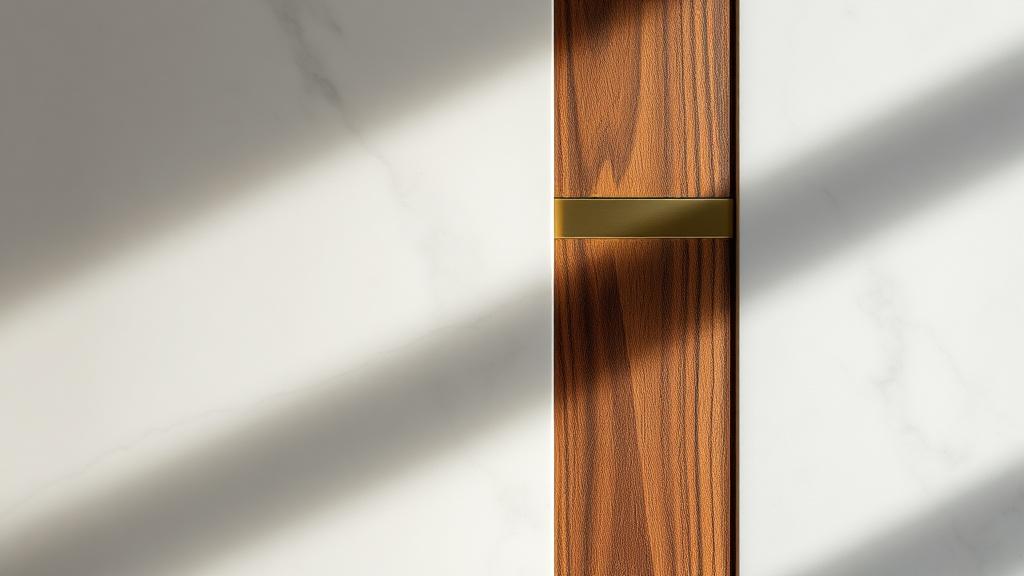Bookmatched marble meeting walnut timber panel with brass inlay