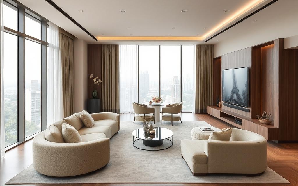 Sage and cream condominium living room with curved boucle sofa in Mont Kiara
