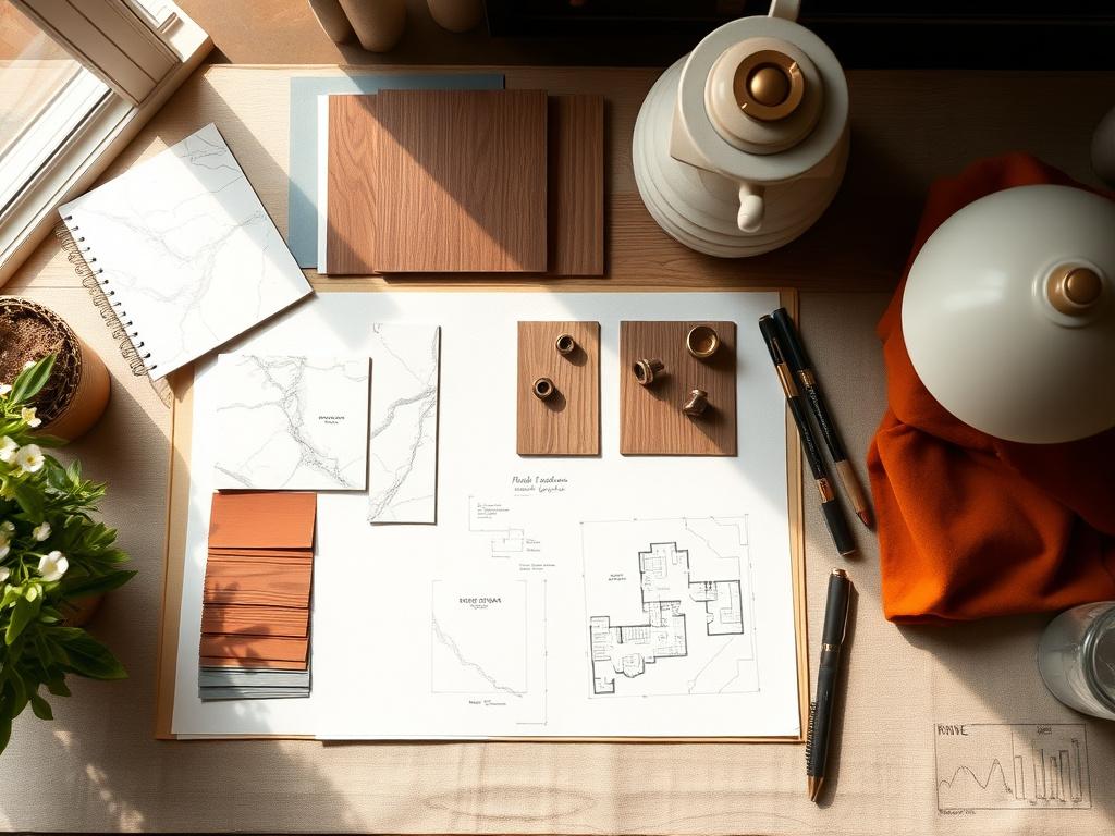 Material moodboard with marble samples, walnut veneer and hand-drawn floor plans