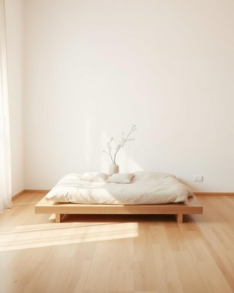 Serene minimalist bedroom with linen bedding and soft morning light