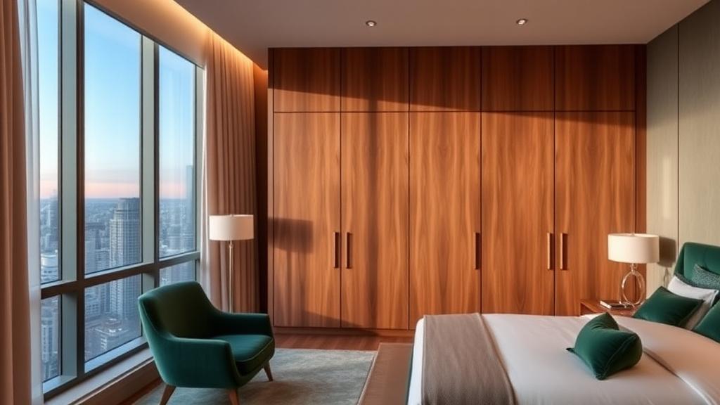 Luxury condominium master suite with panoramic skyline window