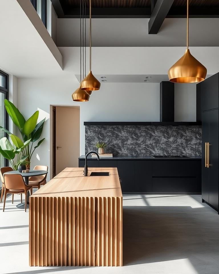 Contemporary open-plan kitchen with fluted timber island and brass pendants